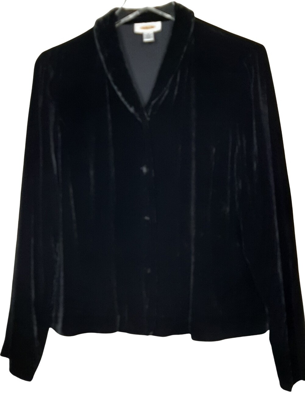 Talbots Black Velvet Rayon Silk Long Sleeve Button Front Top Size 12